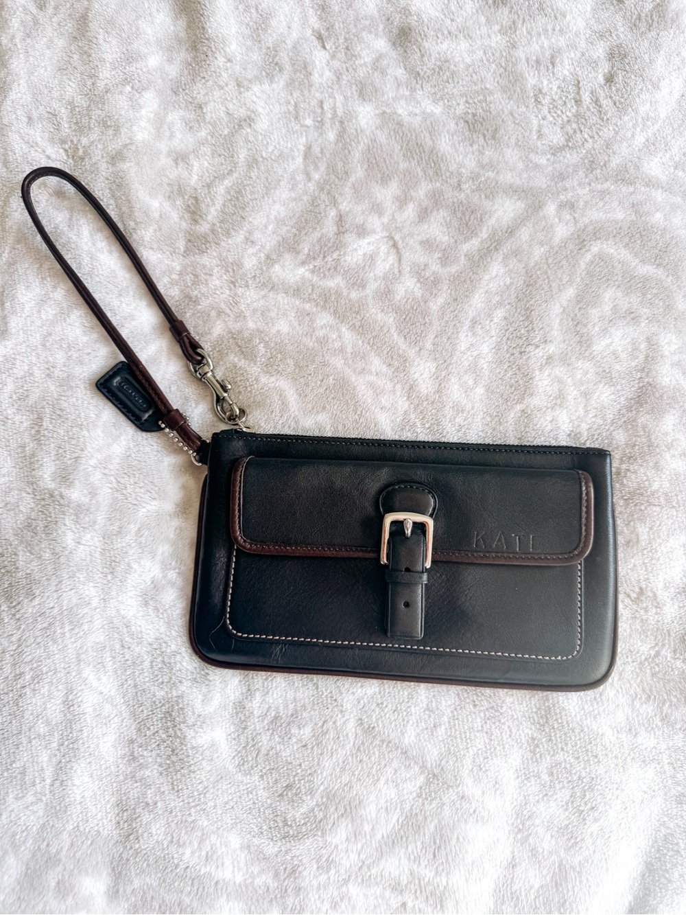 Coach Vintage Leather Buckle Wristlet Black Monogrammed Kate